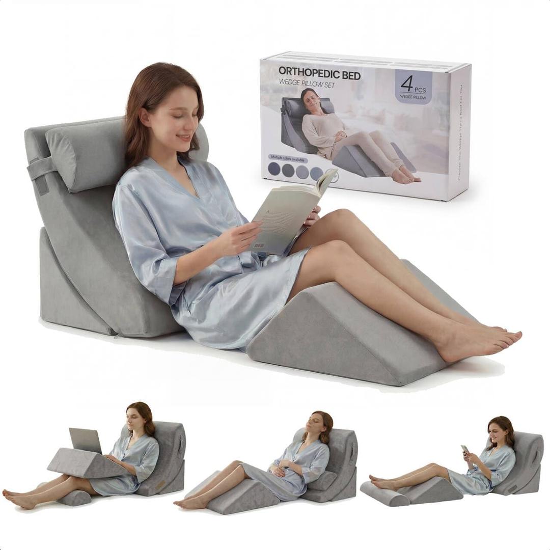Axelrod 4PCS Orthopedic Bed Wedge Pillow Set, Post Surgery Foam for Back, Neck and Leg Pain Relief Comfortable & Adjustable Ortho Pillows- Anti Snoring, Heartburn, Acid Reflux & GERD Sleeping Grey