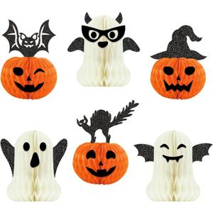 Halloween Table Decorations, 6Pcs Glitter Halloween Pumpkin Ghost Honeycomb Decorations, 3D Bat Pumkin Ghost Table Centerpieces Decors for Home Office Halloween Theme Party Events