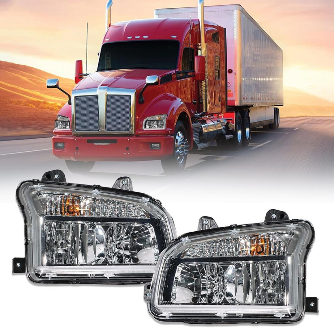 Chrome Headlights Fits Kenworth T880 2014-2023 Headlights Assembly Lamps for Kenworth T880 Replacement Driver Left and Passenger Right Side T880 Semi Truck Accessories (Pair)