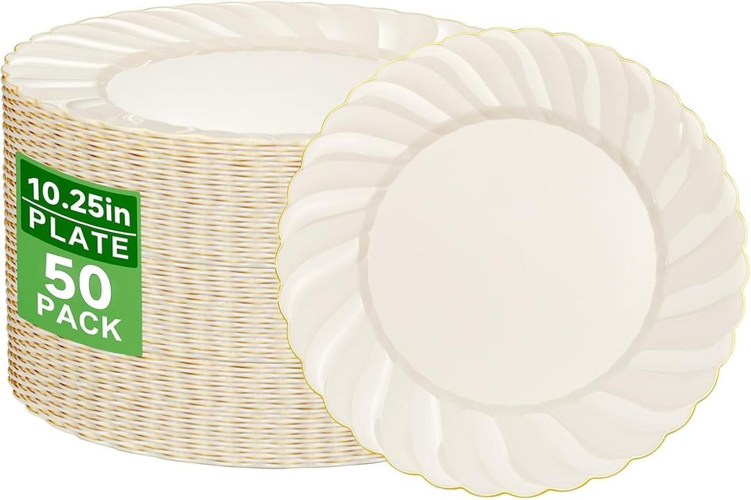 YOUBET 50 Pack Ivory Scalloped Plastic Plates 10.25 Inch Ivory Disposable Plates with Gold Rim - High End Elegant Vintage Dinner Plate for Birthday Parties & Wedding
