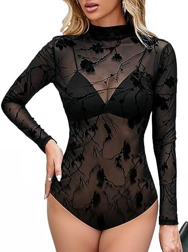 UEOIOW Women's Rhinestone Bodysuit Sheer Mesh Glitter Body Suit Tops Shirts Leotards.M