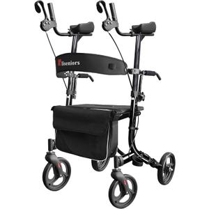 Aliseniors Upright Walker for Seniors - Big Stand Up Walker with Wide Seat, Foldable 4 Wheel All-Terrain Rolling Walker, Adjustable Armrests, 300lbs, Improves Posture & Reduces Back Strain