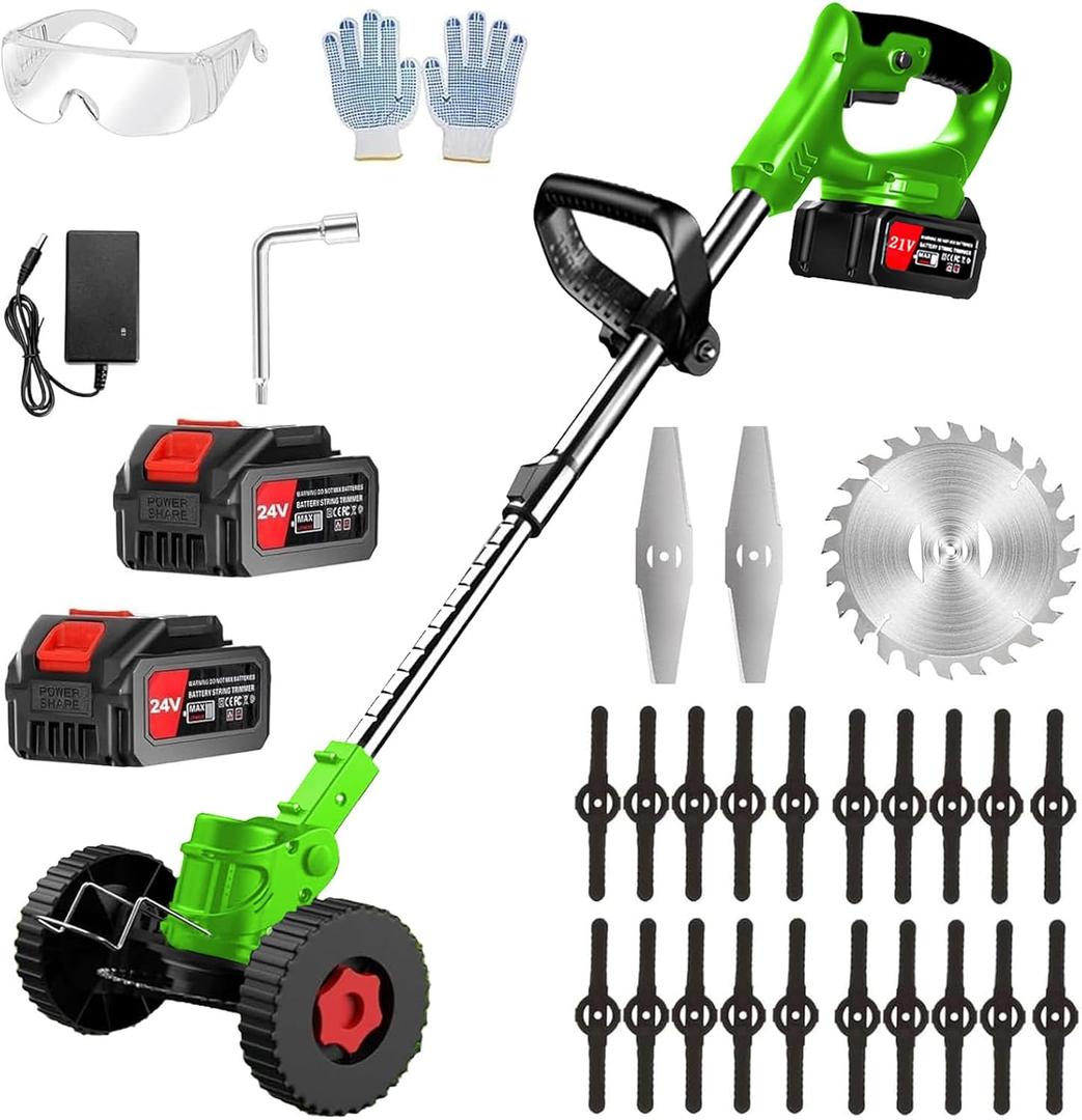 Electric Weed Wacker 24V Electric Weed Cordless Eater with 2pcs Batteries and 3 Types Blades&Auxiliary Wheel Weed Trimmer Lightweight 3 in 1 Stringless Grass Trimmer Edger/Brush Cutter for Lawn
