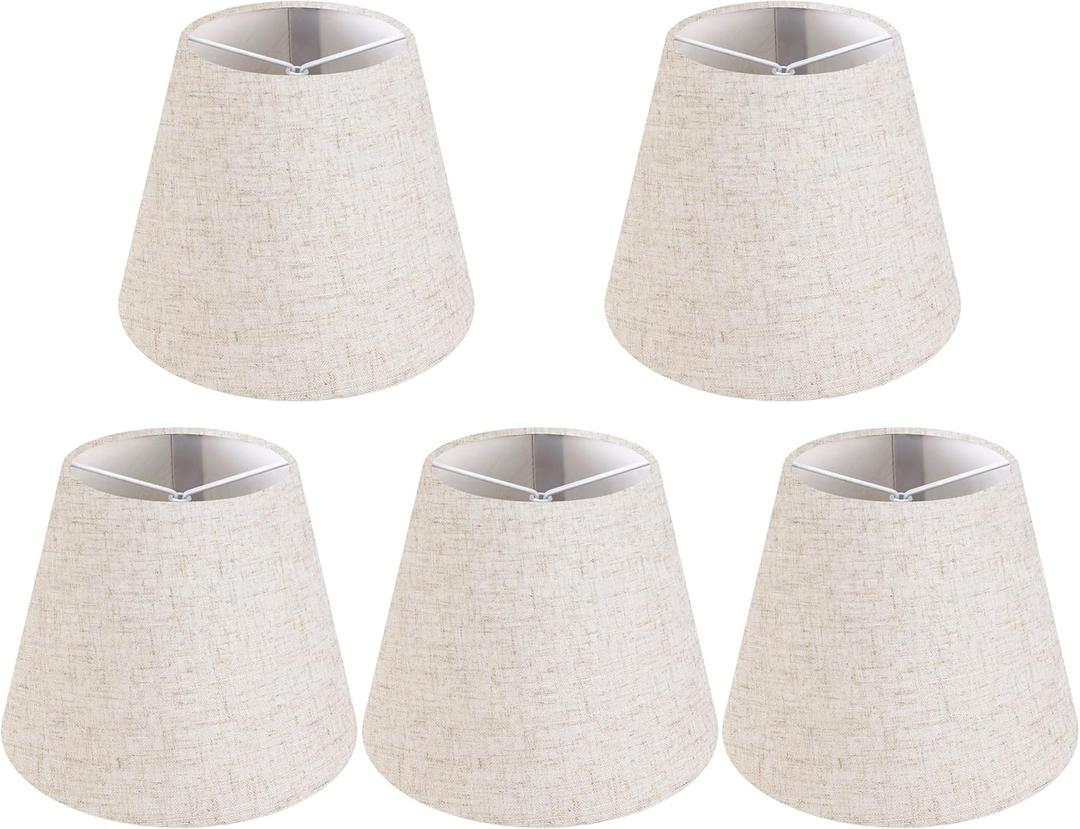 GO&SO Natural Linen Mini Lamp Shades for Chandelier,Clip on Lamp Shade Set of 5 Beige Lamp Shade 4x6x5 IN,Small Lamps Shades Modern Barrel Lamp Shades for Small Table Lamps, Desk Lamps, Pendant Lights