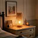 Boho Bamboo Table Lamp, Dimmable Rustic Farmhouse Hand Wicker Desk Lamp Bedside Lamps Night Light Decorations for Bedroom, Living Room, Home Office, Nursery, Reading Nook (Bulb Included)