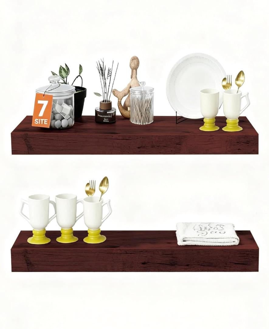 Solid Wood Floating Shelves,15in Finished Real Wood Wall Shelves with Heavy-Duty Hidden Bracket, Easy Installation, Set of 2, 15in x 7.1in x 1.5in, for Living Room Bedroom Kitchen,Walnut