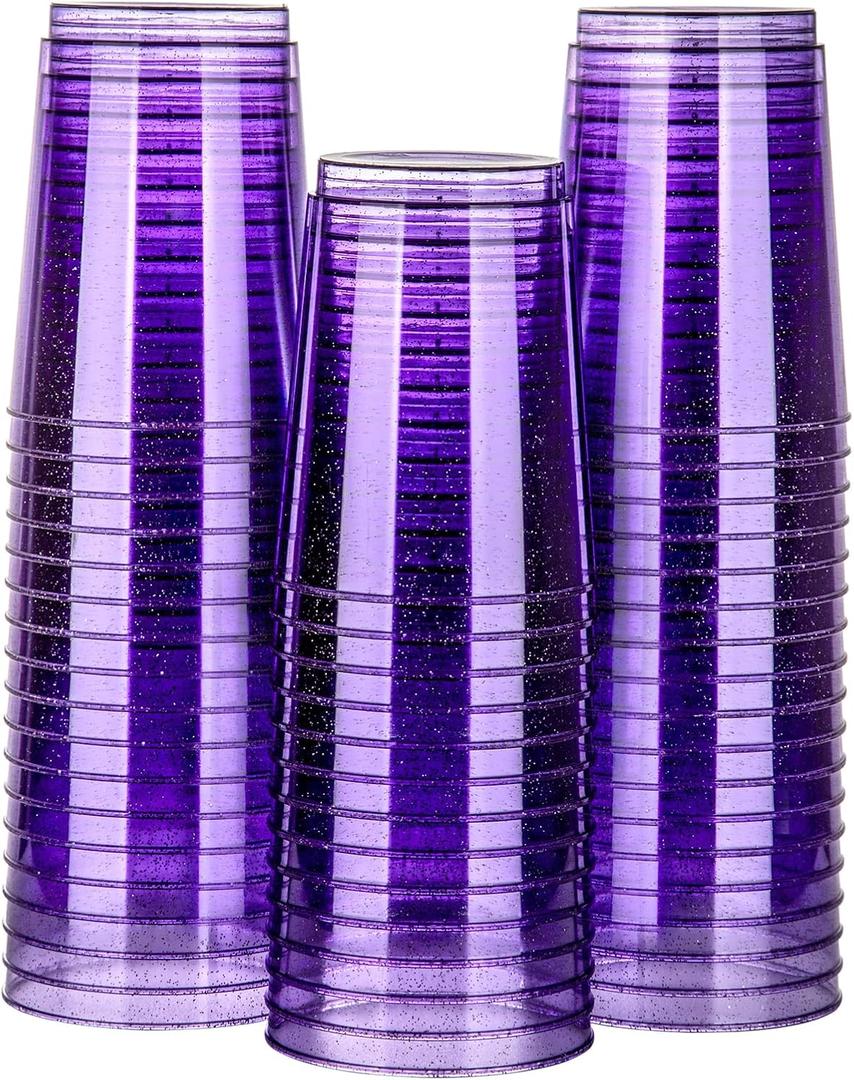 Homy Feel 10 Oz Purple Glitter Plastic Cups - 50PCS Disposable Cocktail & Wine Cups for Wedding Party