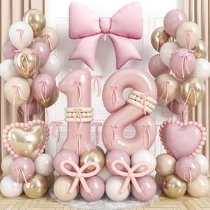 Dusty Pink Balloon Number 18 for 18th Birthday Decorations Girls, Retro Blush Pink Gold Cream Latex Balloons with Large Bow Heart Foil Balloons for Boho 18 Year Old Birthday Anniversary Party Decor