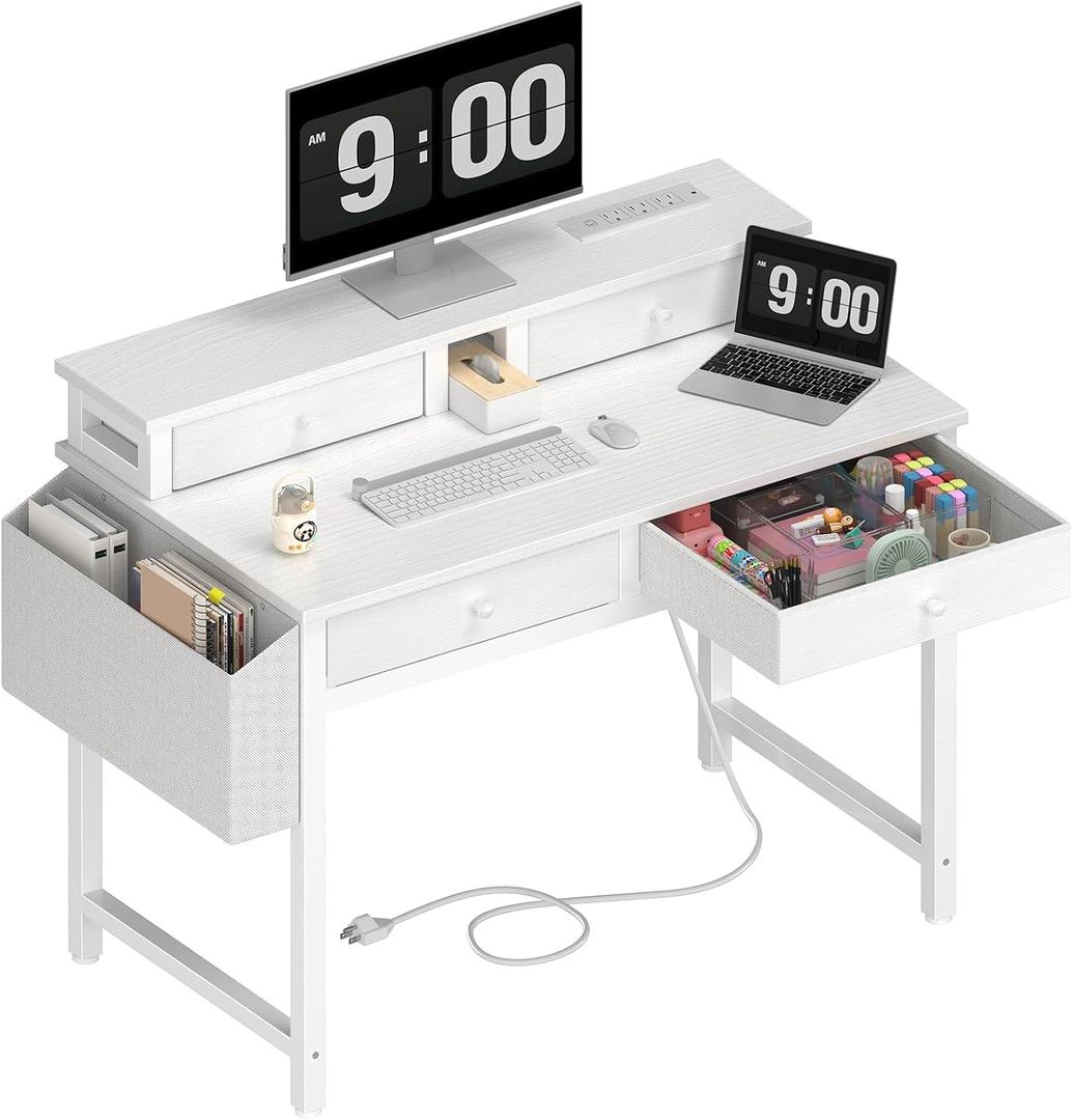 Lufeiya Small White Kids Desk with Fabric Drawers for Bedroom, 32 inch Vanity Makeup Desk with Drawers Storage for Home Office, Writing Study Table with Power Outlet & Monitor Stand, White, 31.5"