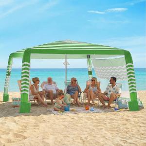 Zeraty Beach Cabana 8'×8', Portable Beach Canopy with Side Wall, UPF 50+ Silver-Coated Beach Tent Sun Shelter Easy Pop Up, Wind Resistant Adjustable Height Beach Umbrella Tent for Family, Green