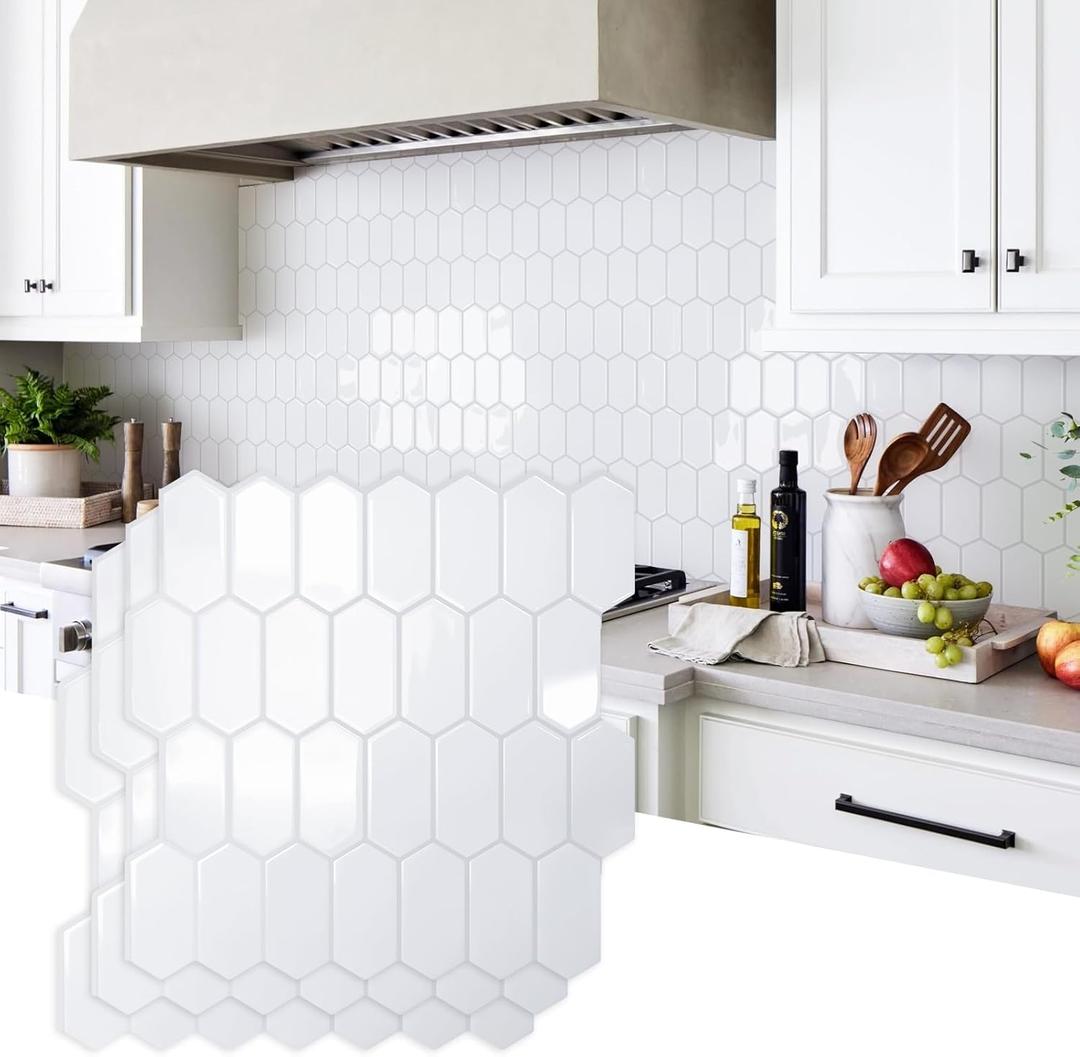Vamos Tile Upgraded Thicker Design Backsplash Tile Peel and Stick, 10-Sheet Grayish White with Gray Grout Long Hexagon Self Adhesive Wall Tiles Stick On Backsplash for Kitchen Bathroom RV Fireplace