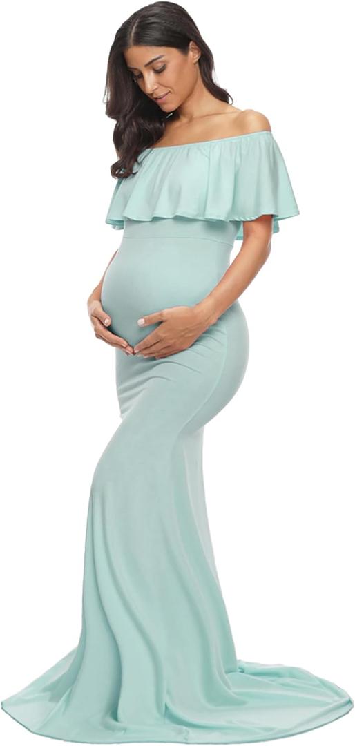 Glampunch Womens Off Shoulder Maternity Dress Ruffles Elegant Slim Gowns Fit Maxi Photography Dress (Light Blue), XL