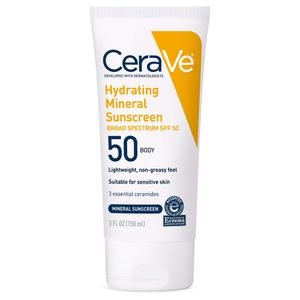 CeraVe 100% Mineral Sunscreen SPF 50 with Zinc Oxide & Titanium Dioxide, Hyaluronic Acid & Ceramides, Oil Free & Non-Greasy, Hydrating Mineral Sunscreen For Body, 5 oz (Exp: 03/2028)