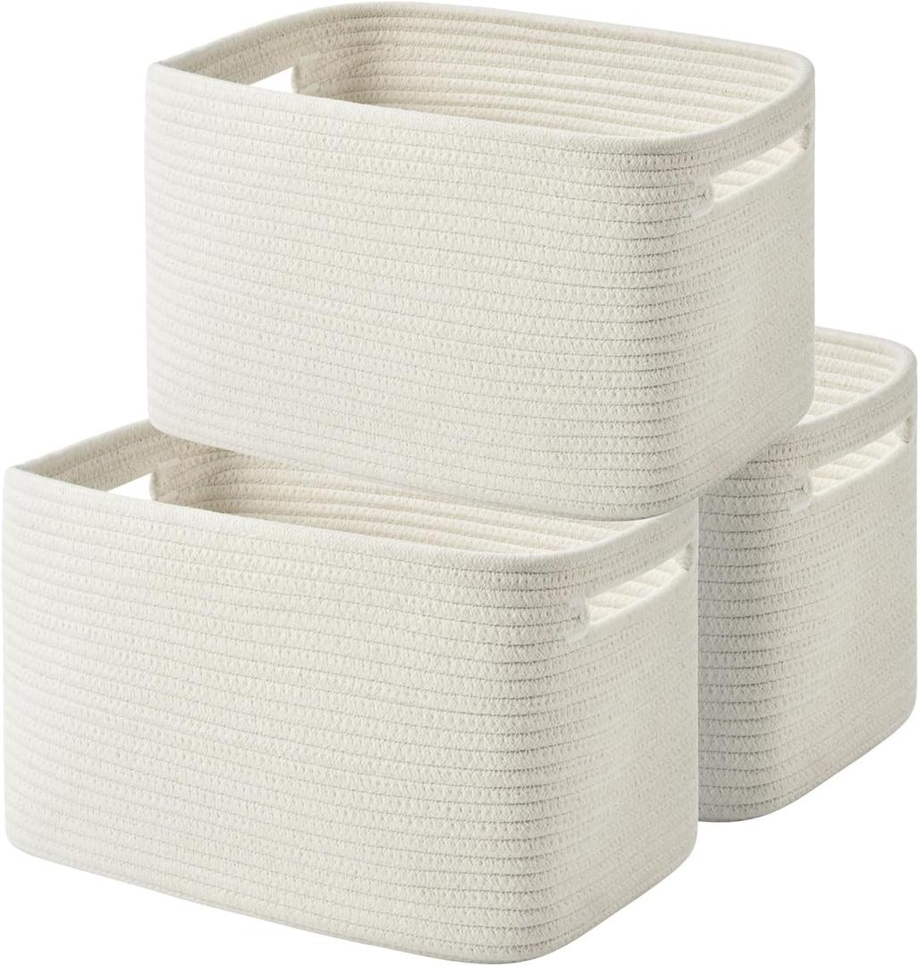 Storage Basket - Woven Cotton Rope Baskets for Organizing, Decorating Shelves, Books, Towels, Toys - 3 Pack - White