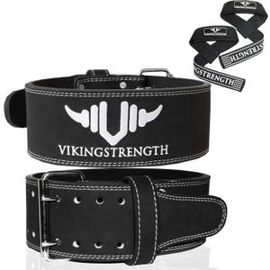 Vikingstrength Premium Weight Lifting Belt with Lifting Straps, Gym Weightlifting Belt for Men and Women, perfect for Squat, Powerlifting, Crossfit and Deadlifting + V-Strength Workout App, M