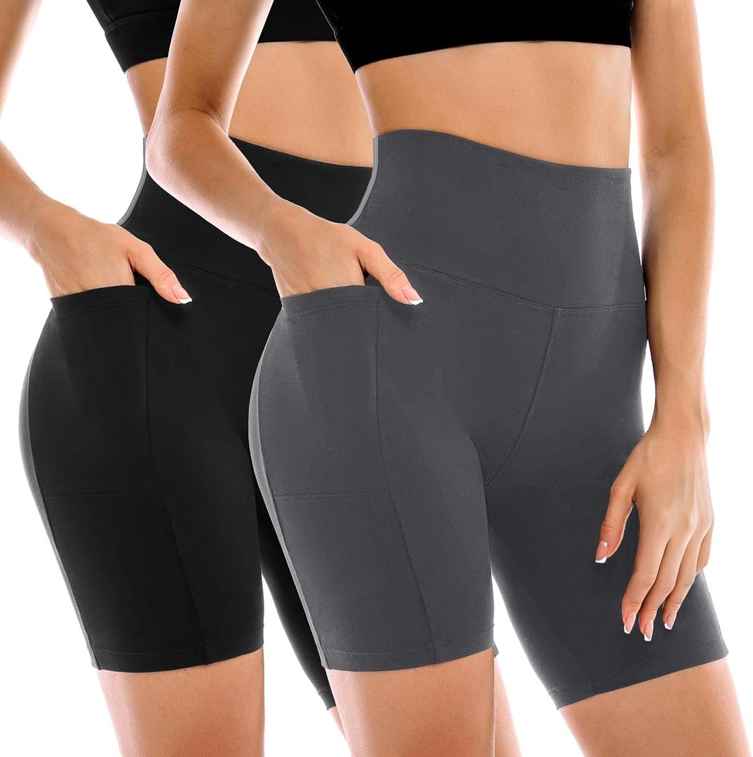 Leafigure 2 Pack Womens Biker Shorts with Pockets, High Waisted Yoga Shorts for Women Running Gym and Workout, L-XL
