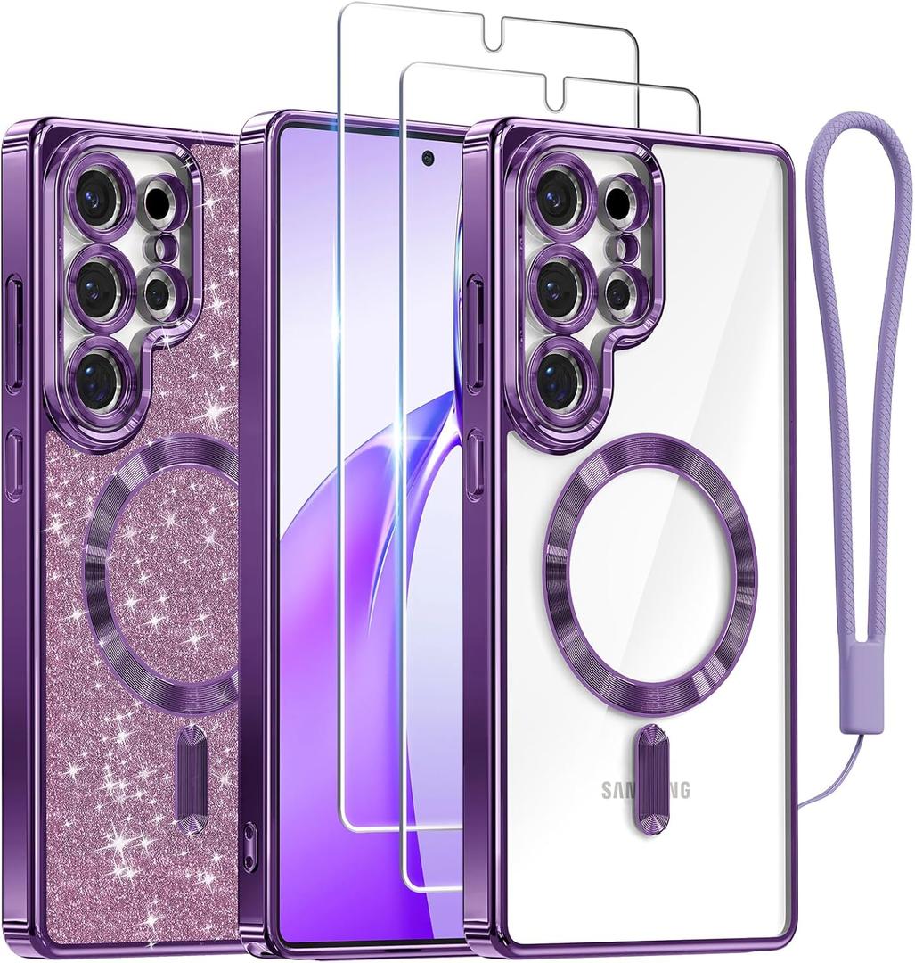 Meifigno Case Designed for Samsung Galaxy S25 Ultra 6.9 inch, [Compatible with MagSafe] [2X HD Screen Protectors] [Glitter Card & Wrist Strap] Full Lens Protection Case for Galaxy S25 Ultra, Purple