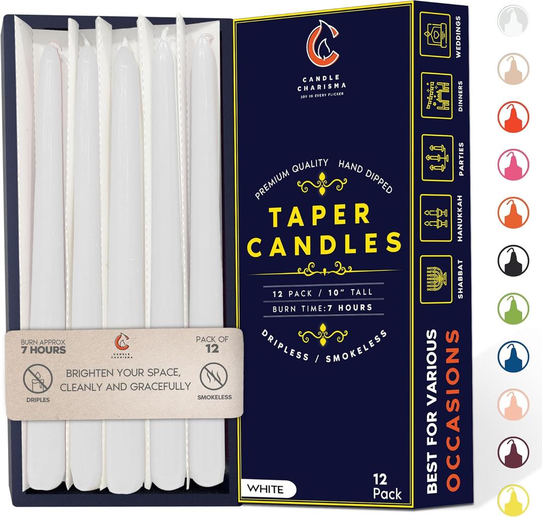 Bright White 10 Inch Taper Candles - Pack of 12 Premium Unscented, Dripless & Smokeless Hand-Dipped Candles for Birthday, Wedding or Dinner Decorations and Formal Candlelighting