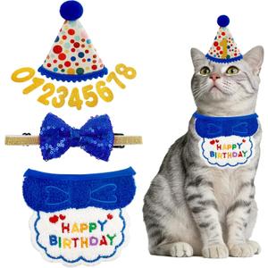 4PCS Blue Cat Birthday Party Supplies for Kitten Bandana Hat Number Decorations Pet Birthday Outfit Kit