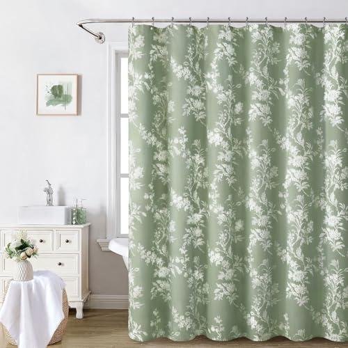 Awellife Green Shower Curtain,White Cotton Floral Cottagecore Spring Shower Curtain for Bathroom, 72"W x 72"L