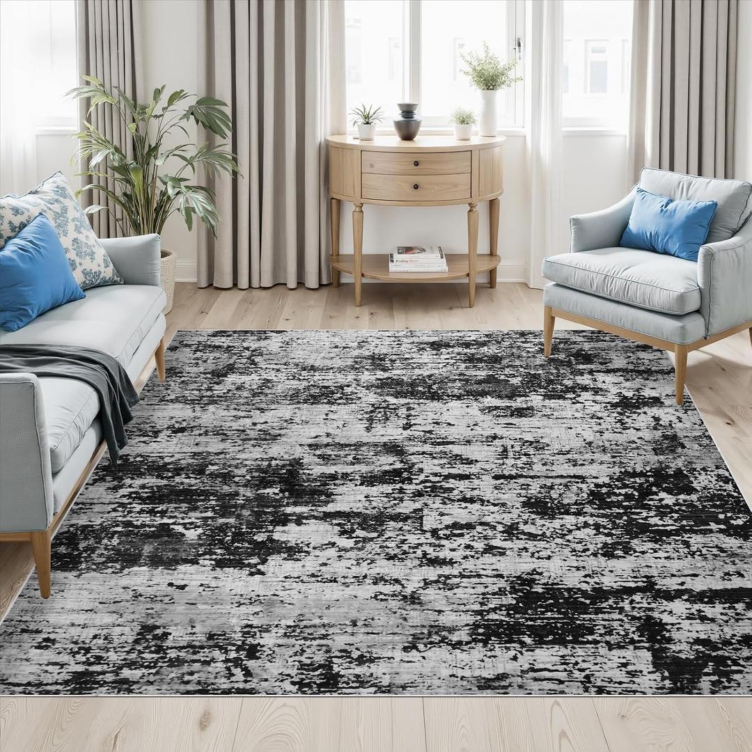 8x10 Washable Modern Abstract Area Rug: Soft Non-Slip Stain Resistant Indoor Floor Carpet for Living Room Bedroom Dining Room Home Office - Black Gray
