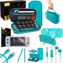 Orzly Switch Lite Accessories Bundle - Case & Screen Protector for Nintendo Switch Lite Console, USB Cable, Games Holder, Grip Case, Headphones, Thumb-Grip Pack & More, Turquoise Blue
