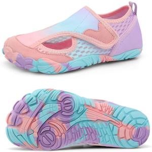 XIHALOOK Water Shoes for Kids Boys Girls Wide Toe Barefoot Quick Dry for Beach Swim Pool Surf Aqua Sports (12.5 Little Kid, Purple Blue Pink)