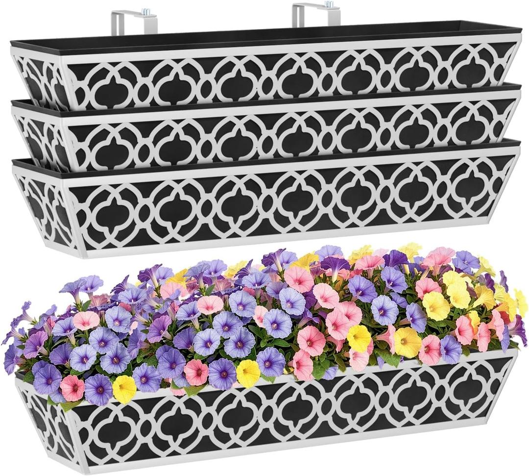 HFHOME 4 Pack 30 Inch Railing Planter Boxes with Adjustable Brackets & Non-Woven Fabric Liner Adjustable Gray Metal Window Box Planter for Balcony Deck Fence, Hanging Flower Basket for Outdoor Garden