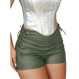 Benfoly Leather Shorts for Women High Waisted Lace Up Side Stretchy Sexy Mini Booty Short Y2K Rave Club Party Concert Winter Army Green XL