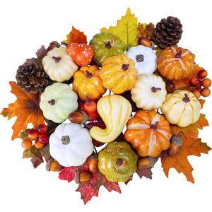 Winlyn 46 Pcs Assorted Small Artificial Pumpkins and Gourds with Acorns Pinecones Maple Leaves Fall Harvest Decor Set for Autumn Party Table Centerpiece Thanksgiving Halloween Wreaths Vase Bowl Filler