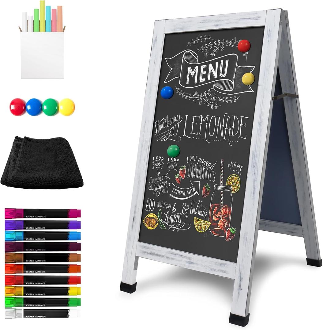 SELEAD Magnetic A-Frame Chalkboard Signs Rustic White Frame - 40" x 20" Large Outdoor Sandwich Board Double Sided Sidewalk Easel Pizarra for Business, Wedding