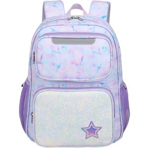 Kids Backpack for Girls Kindergarten - 15 Inch Lightweight School Bookbag fits Folder, Backpack for Kids 4-7 with Leakproof Insulated Pocket for Lunch and Snacks, Purple Tie-dye