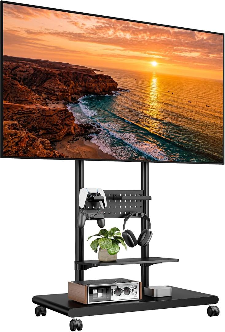 ECOTINY Heavy-Duty Rolling TV Stand for 50–90″TVs to 198lbs,Black | Height Adjustable,Tilt Swivel Rolling TV Cart with Pegboard Storage,Max VESA 600×400mm ,Sturdiness，Easy Assembly,Alloy Steel