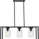 VINLUZ Contemporary Chandeliers Black 3 Light Modern Dining Room Lighting Fixtures Hanging, Kitchen Island Cage Linear Pendant Lights Farmhouse Flush Mount Ceiling Light with Glass Shade