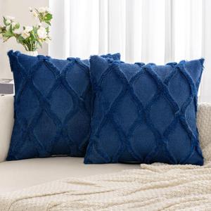MIULEE Decorative Throw Pillow Covers Dark Blue 18x18 Inch Set of 2, Soft Plush Faux Wool Couch Cushion Covers Farmhouse Throw Pillows for Couch Bed Sofa Living Room