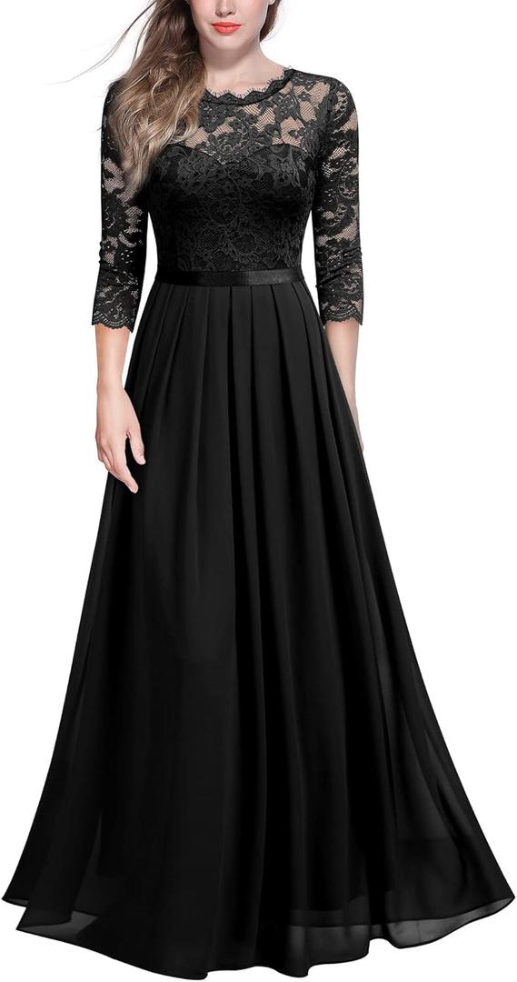 Miusol Women's Elegant Floral Lace 3/4 Sleeve Bridesmaid Formal Maxi Dress (Black)