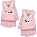 Boyuzcui Kid Fingerless Gloves Convertible Flip Top Winter Warm Half Finger Gloves for Girls Boys 5-10 Year - Pink Bunny