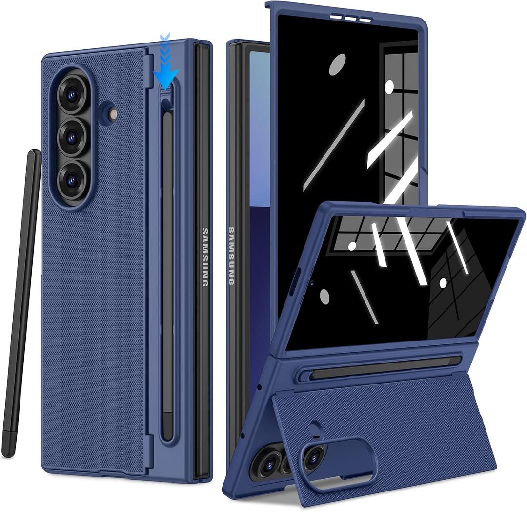 Ruky for Galaxy Z Fold 7 Case with S Pen Holder & Stylus, [Not for Z Fold 6] with Hidden Foldable Kickstand and Built-in Privacy Screen Protector, Shockproof Protective Thin Phone Cover, Blue