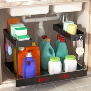 Expandable Under Sink Organizers and Storage,Width Adjustable (14.9-23.6IN),No Drill 2-Tier Pull Out Under Cabinet Organizer for Kitchen Bathroom Laundry (black)