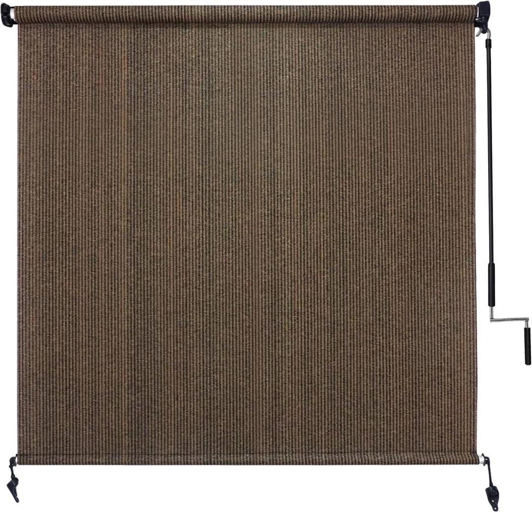 Amagenix Outdoor Roller Shades 8'(W) X 8'(H), Exterior Cordless Patio Shades Roll Up Outdoor Blinds with 90% UV Protection, Two-Section Poles with One-Piece Fabric, Mocha