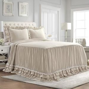 Lush Decor Ella Ruffle Lace Bedspread, 3 Piece Set, Queen, Neutral - Cute Bed Set - Queen Bedding - Beige Bedding - Coquette Decor - Neutral Ruffle Trim - Beige Lace Trim