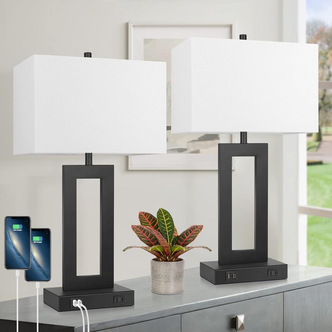 Set of 2 Modern Touch Control Table Lamps with 2 USB Ports, 22 Large Bedside Nightstand Lamps 3-Way Dimmable Desk Lamp With White Fabric Shade For Bedrooms Living Room Reading, 2 LED Bulbs Included