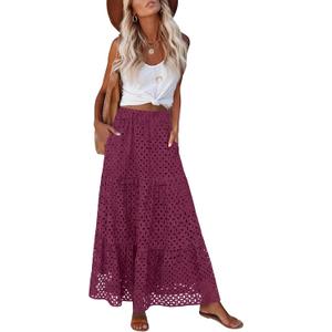 ANRABESS Womens Boho Maxi Skirts,Tiered Eyelet High Waist, Flowy & A-Line for Beach Vacation,Versatile Summer Long Skirt (Red, M)