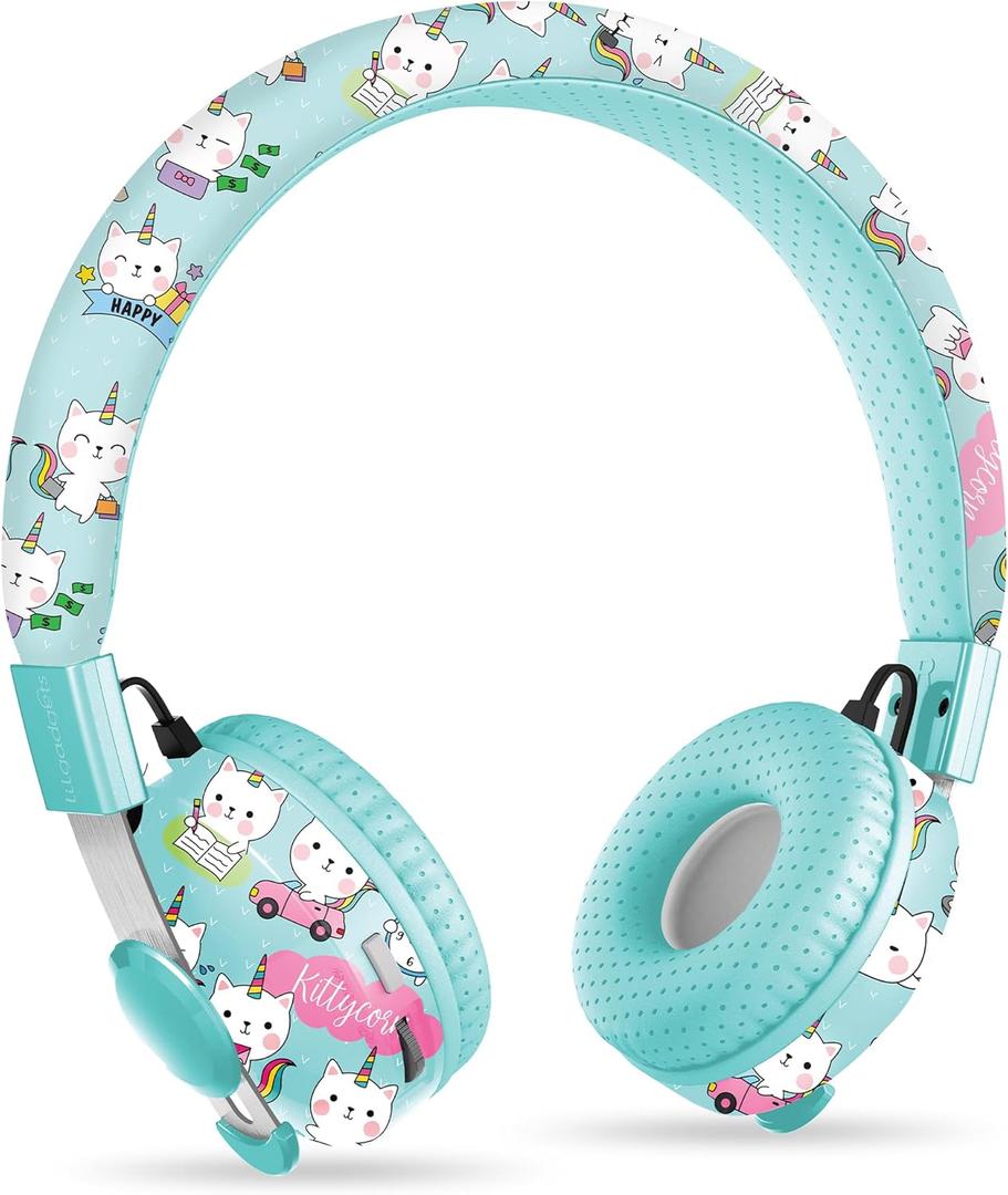 LilGadgets Untangled Pro On-Ear Kids Wireless Headphone for School, Microphone, Volume Limited, SharePort Technology, SoftTouch Padding, Rainbow Cat Bluetooth Headphones