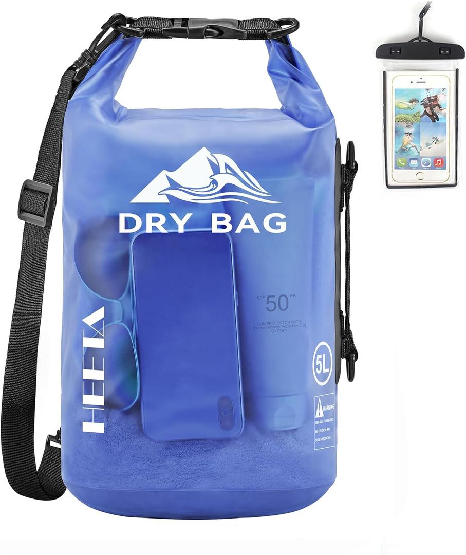 HEETA Dry Bag Waterproof for Women Men, 5L Roll Top Lightweight Dry Storage Bag Backpack with Phone Case for Travel Swimming Boating Kayaking Paddle Board Camping Beach Accessories