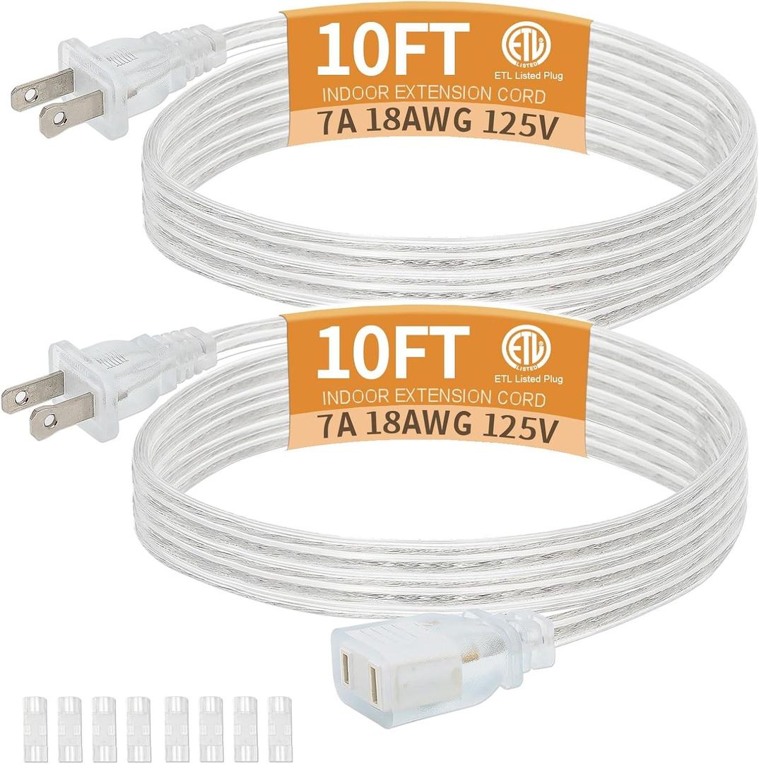 2 Pack Clear Extension Cord with UL-Certified, 10 Feet Male to Female Extension Cords, 2 Prong Thin Extension Cord, Power Cable for Light Fixtures, 2 x 18AWG 7A/125V