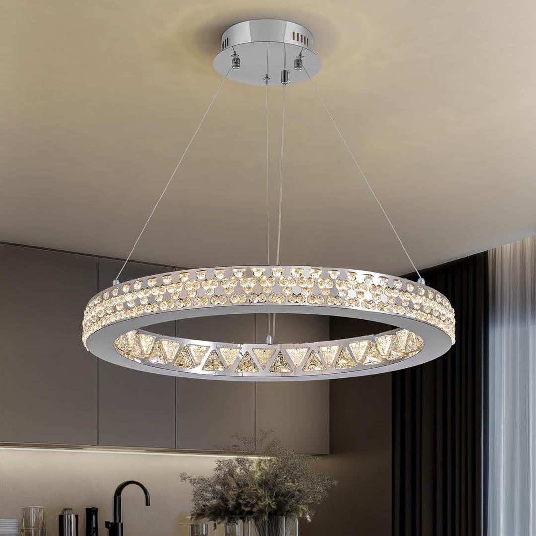 Moooni 24" Crystal Chandelier,Round Modern Chandeliers with Adjustable Cables,Chrome Ceiling Pendant Light Fixture for Living Room Dining Room Bedroom