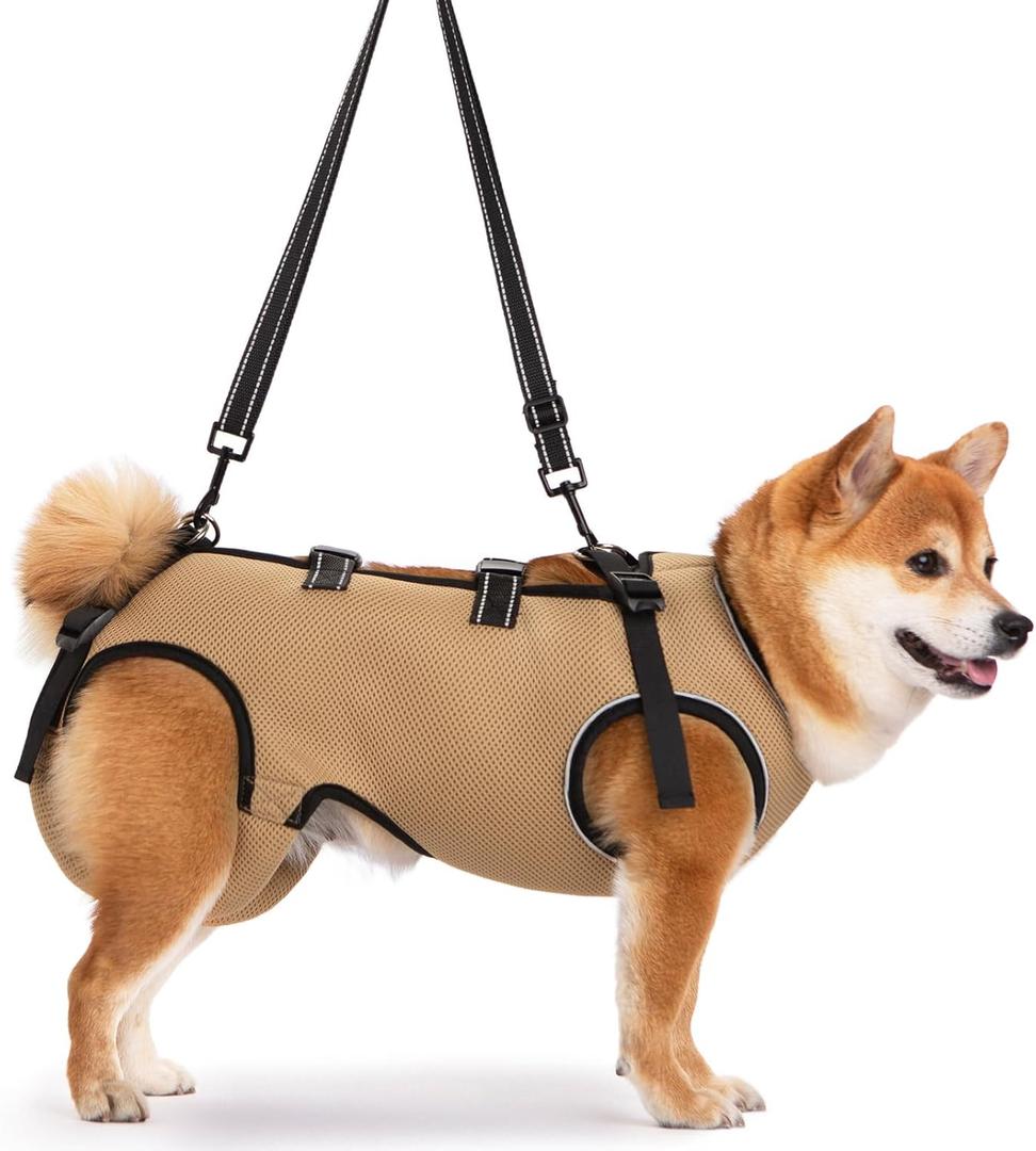 Dog Lift Harness Full Body Support & Recovery Sling Pet Lift Vest Mesh Adjustable Straps with Handle for Old, Joint Injuries, Arthritis, Disabled Dogs Walk (Khaki, Medium)