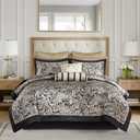Madison Park Aubrey Cozy Comforter Set, Faux Silk Jacquard Paisley Design - All Season Down Alternative Bedding with Cotton Bed Sheets, Bed Skirt & Toss Pillows, Queen Black 12 Piece