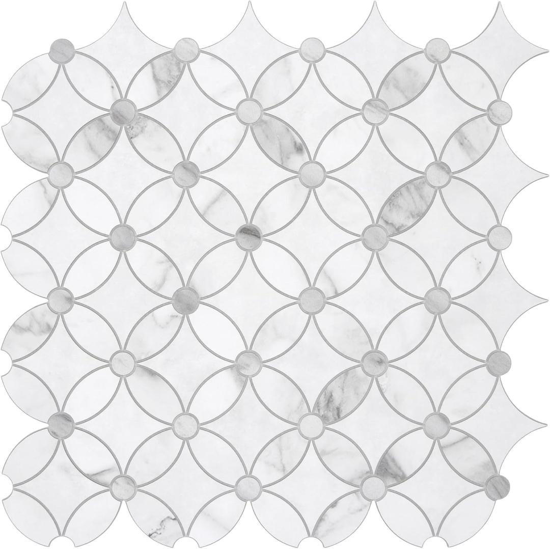 SUNWINGS 10-Sheet Coin Peel and Stick Waterjet Backsplash Self Adhesive Tiles White Marble Wall Panels Stick on Backsplash for Kitchen, Bathroom, Fireplace (11.2" x 11.2" (10 Sheets))